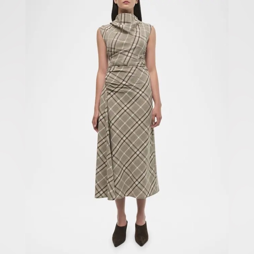 SIMKHAI Burke Plaid Draped Midi Dress Sand Brown Size 2 NWT